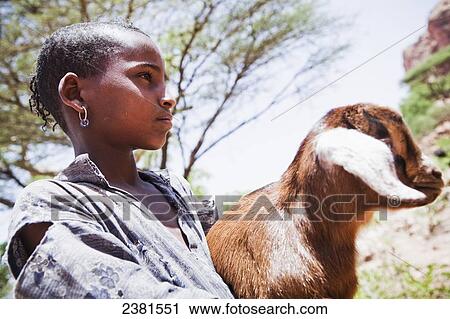 Stock Image - Portrait of a young girl holding a goat; Ethiopia. Fotosearch