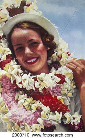 Portrait of a young woman with numerous floral leis View Large Photo Image Stock Image - Portrait of a young woman with numerous floral leis. Fotosearch