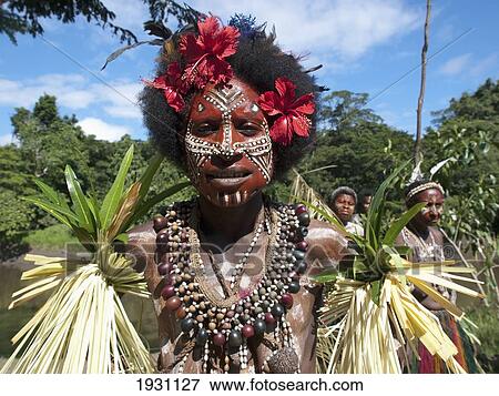Stock Photo - Portrait of 'Fish' dancer, Karawari River, Papua New Guinea., Karawari River, Papua New Guinea.. Fotosearch