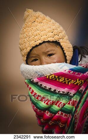 Stock Image - Portrait Of Girl In Woolen Cap; Peru. Fotosearch