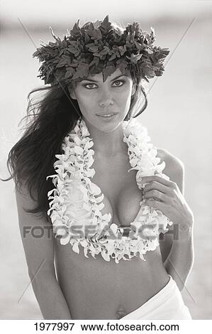 Stock Photo - Portrait Of Sexy Polynesian Woman Wearing Flower Lei And Pareo (Sepia Photograph).. Fotosearch
