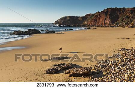 Stock Image - Portugal, Algarve, Distant View Of Surfer Walking On Playa Do Amado; Carrapateira. Fotosearch