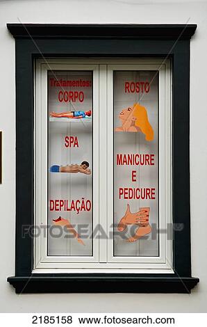 Portugal, Azores, Sao Miguel Island, Window with body car advertisement; Ponta Delgada View Large Photo Image Stock Photo - Portugal, Azores, Sao Miguel Island, Window with body car advertisement; Ponta Delgada. Fotosearch