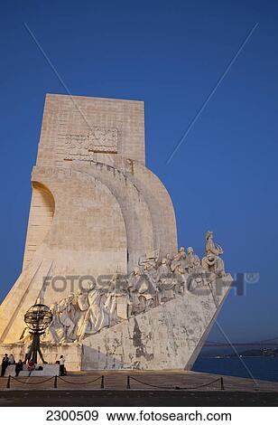 Portugal, Belem; Lisbon, View of Monument to Discoveries (Padrao dos Descobrimentos) at dusk View Large Photo Image Stock Photo - Portugal, Belem; Lisbon, View of Monument to Discoveries (Padrao dos Descobrimentos) at dusk. Fotosearch