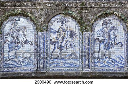 Stock Image - Portugal, Benfica; Lisbon, Palacio dos Marqueses da Fronteira Palace, Wall of azulejos tiles. Fotosearch