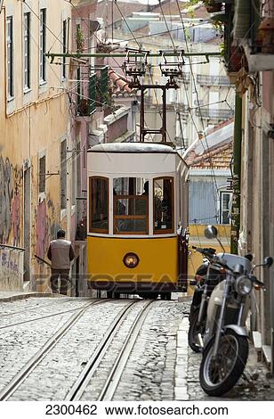 Stock Image - Portugal, old funicular railway; Lisbon, Elevador de Bica. Fotosearch