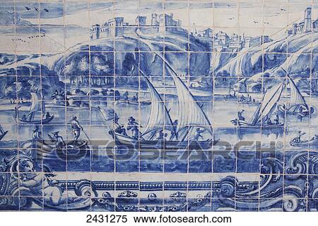 Stock Photography - Portuguese tiles in cloister at church of Sao Francisco, showing the hilltop city of Salvador; Salvador, Brazil. Fotosearch