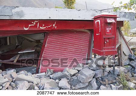 Stock Photo - Post Office Destroyed By The 8 October 2005 Earthquake, Chakothi, Azad Kashmir, Pakistan. Fotosearch