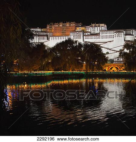Stock Photograph - Potala Palace at night; Lhasa, Xizang, China. Fotosearch