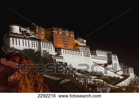 Stock Photograph - Potala Palace at night; Lhasa, Xizang, China. Fotosearch