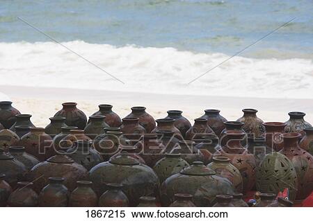 Stock Photography - Pots Being Sold On A Market At The Beach; Republic Of Costa Rica. Fotosearch