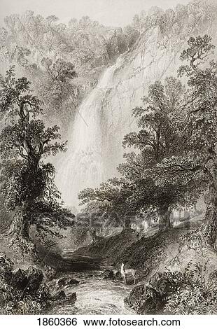Stock Photograph - Powerscourt Fall, County Wicklow, Ireland. Drawn By W. H. Bartlett, Engraved By J. Cousen. From ÃƒÆ’Ã‚Â´The Scenery And Antiquities Of IrelandÃƒÆ’Ã‚Â¶ By N. P. Willis And J. Stirling Coyne. Illustrated From Drawings By W. H. Bartlett. Published London C. 1841.. Fotosearch