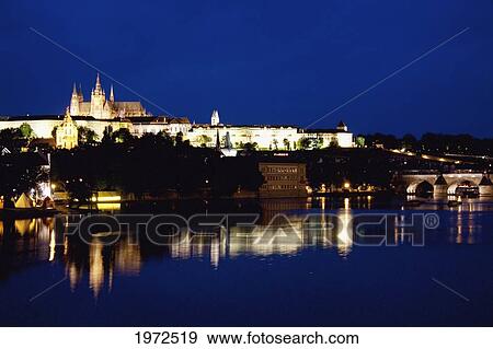 Prague Castle Reflected In The Vltava River At Night, Prague, Czech Republic View Large Photo Image Stock Photo - Prague Castle Reflected In The Vltava River At Night, Prague, Czech Republic. Fotosearch