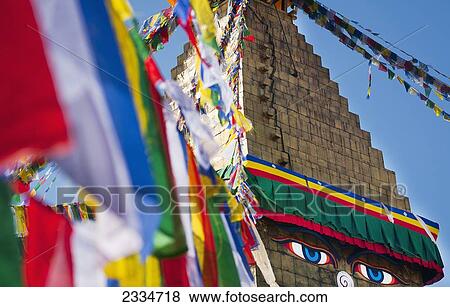 Stock Photo - Prayer Flags And Stupa; Kathmandu, Boudhanath, Nepal. Fotosearch