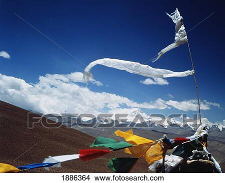 Picture - Prayer Flags On The Pang La Pass Looking Towards Mt. Everest. Fotosearch