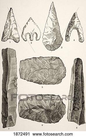 Stock Image - Prehistoric Flint Implements. 1, 2, 3 And 4. Flint Arrow Heads. 5 And 6. Flint Axes. 7. Flint Knife. 8. Flint Scraper. From The Book Chips From The Earth's Crust Published 1894.. Fotosearch