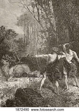Stock Image - Prehistoric Men Hunting With Bow And Arrow And Spear. From The Book Chips From The Earth's Crust Published 1894.. Fotosearch