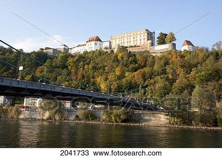Stock Image - Prinzregent Luitpold Bridge Over The Danube River And Veste Oberhaus Fortress, Passau, Bavaria, Germany. Fotosearch