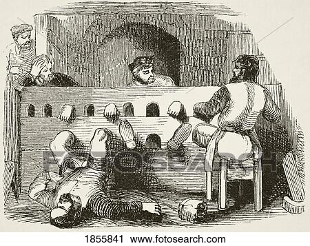 Stock Image - Prisoners Locked In The Stocks. From The National And Domestic History Of England By William Aubrey Published London Circa 1890. Fotosearch