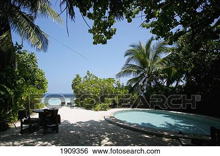 Stock Photograph - Private Swimming Pool And Beach, Soneva Fushi, Northern Atoll, Maldives. Fotosearch