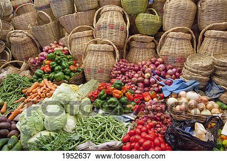 Stock Photo - Produce and baskets for sale at the market, Sucre, Chuquisaca Department, Bolivia. Fotosearch