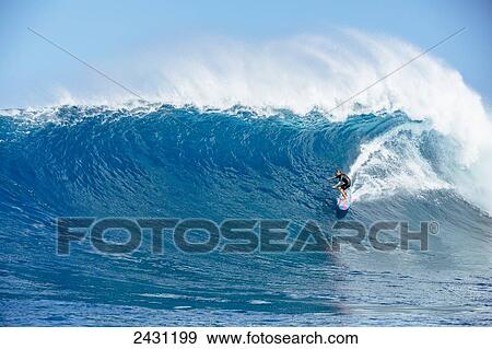Stock Photo - Professional surfer Albee Layer paddling into large waves at the infamous big wave spot know as Jaws or Peahi; Maui, Hawaii, United States of America. Fotosearch