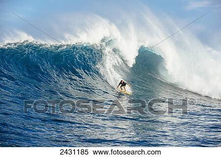Stock Photography - Professional surfer Kai Lenny surfing on large waves at the infamous big wave spot know as Jaws or Peahi; Maui, Hawaii, United States of America. Fotosearch