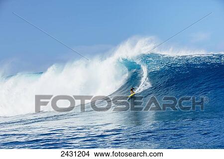 Picture - Professional surfer paddling into large waves at the infamous big wave spot know as Jaws or Peahi; Maui, Hawaii, United States of America. Fotosearch