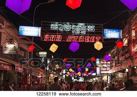 Stock Photo - Pub street; Siem Reap, Cambodia. Fotosearch
