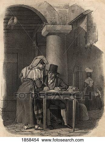 Public Scribe Working In Market Place. 19Th Century Lithograph By Em. Baerentzen & Co, From The Drawing By E. Meyer. From The Book Figaro. Journal Of Literature, Art And Music By Georg Garstensen. Published 1841. View Large Photo Image Picture - Public Scribe Working In Market Place. 19Th Century Lithograph By Em. Baerentzen & Co, From The Drawing By E. Meyer. From The Book Figaro. Journal Of Literature, Art And Music By Georg Garstensen. Published 1841.. Fotosearch