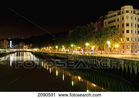 Stock Image - Puente Del Campo Volantin Over Ria De Bilbao At Night, Bilbao, Basque Country, Spain. Fotosearch