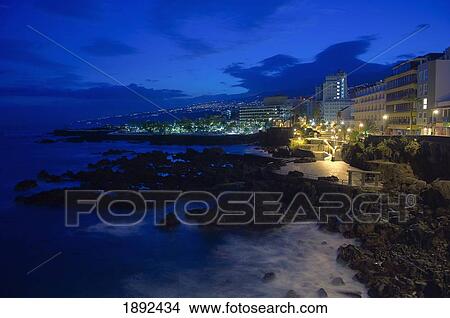 Picture - Puerto De La Cruz Illuminated At Night. Fotosearch
