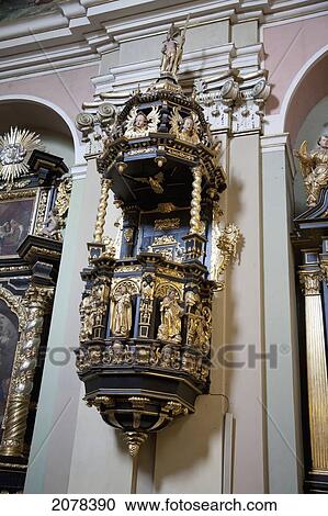 Stock Image - Pulpit In The Basilica Of Our Lady Of The Angels, Kalwaria Zebrzydowska Sanctuary, Malopolska, Poland. Fotosearch