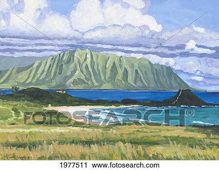 Pyramid Rock, Hawaii, Oahu, Pyramid Rock And Kualoa Point In Background (Acrylic Painting). View Large Photo Image Stock Image - Pyramid Rock, Hawaii, Oahu, Pyramid Rock And Kualoa Point In Background (Acrylic Painting).. Fotosearch
