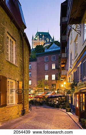 Stock Photo - Quartier Petit Champlain And Chateau Frontenac At Dusk, Old Quebec, Quebec.. Fotosearch