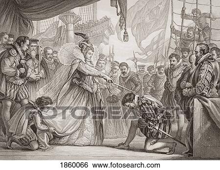 Stock Photograph - Queen Elizabeth I Knighting Drake On Board The Golden Hind At Deptford, 4Th April 1581. Engraved By F. Fraenkel After Sir. John Gilbert. From The Book ÃƒÂ¢Ã¢â€šÂ¬Ã…â€œIllustrations Of English And Scottish HistoryÃƒÂ¢Ã¢â€šÂ¬Ã‚Â Volume 1. Fotosearch