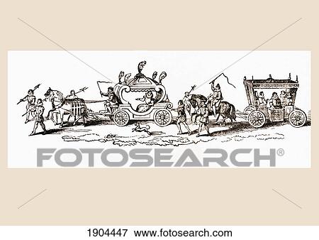 Stock Photo - Queen Elizabeth I Of England In Her Coach. Based On A Section Of George Hoefnagle's Print View Of Nonsuch. From History Of Hampton Court Palace In Tudor Times By Ernest Law. Published London 1885.. Fotosearch