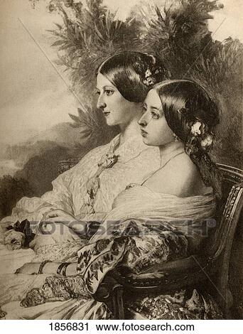 Stock Image - Queen Victoria, 1819-1901, And Princess Victoire Of Saxe-Coburg And Gotha, Duchess Of Nemours, 1822-1857. Engraved By Emery Walker From The Picture By F. Winterhalterffrom The Book The Letters Of Queen Victoria 1844-1853 Vol Iipublished 1907.. Fotosearch
