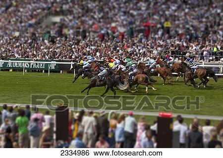 Stock Photograph - Racing At Epsom Derby; London, England, Uk. Fotosearch