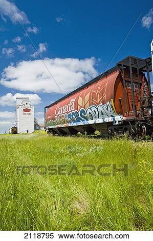 Stock Photography - Railroad Hopper Car Covered In Graffiti And Grain Elevator; Aneroid Saskatchewan Canada. Fotosearch