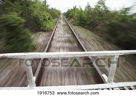 Stock Image - Railway As Seen From Back Of Speeding Train. Fotosearch