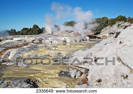 Rainbow Over Geyser; New Zealand View Large Photo Image Stock Photo - Rainbow Over Geyser; New Zealand. Fotosearch