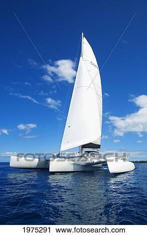 Stock Image - Randy Coon's Trimaran, Hawaii, Maui, Lahaina, Trimaron Rosinante Sailing Off Lahaina.. Fotosearch