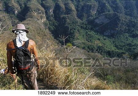 Stock Photo - Rear View Of Hiker In Hills. Fotosearch