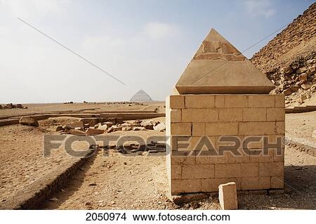 Picture - Reconstructed Red Pyramid Capstone Or Pyramidion Looking To The South Toward The North Face Of The Bent Pyramid. Sneferu's Red Pyramid, Dahshur, Al Jizah, Egypt. Fotosearch