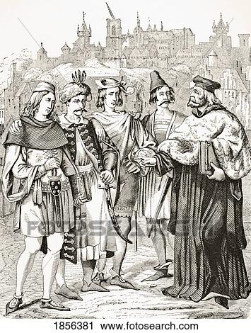 Stock Image - Rector Of Prague University And Scholars From Different Nations Circa 15Th Century From Science And Literature In The Middle Ages By Paul Lacroix Published London 1878. Fotosearch
