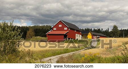 Red And Yellow Houses Along A Dirt Road; Highlands Norway View Large Photo Image Stock Image - Red And Yellow Houses Along A Dirt Road; Highlands Norway. Fotosearch