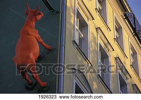 Stock Image - Red Cow On The Side Wall Of Cow Bar. Fotosearch