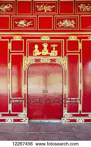 Stock Photograph - Red doors in the Imperial City; Hue, Vietnam. Fotosearch