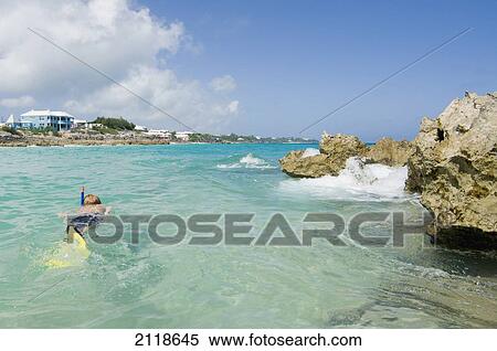 Stock Photography - Red-Headed Boy Snorkling; Bermuda. Fotosearch